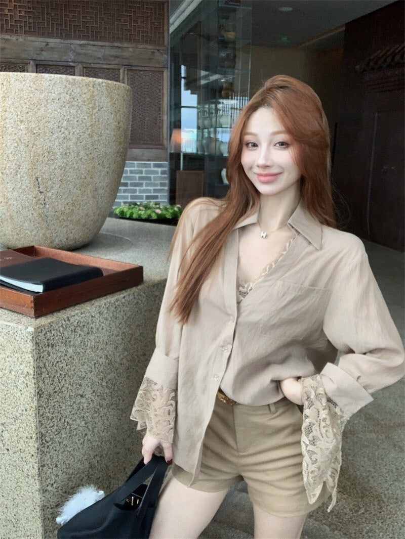 26Jun. 韓chic知性女 蕾絲拼接卡其襯衫 百搭短褲