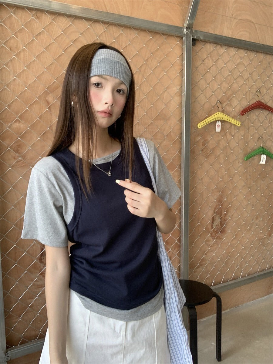 26Jun. 休閒疊穿 撞色兩件套上衣 藍灰