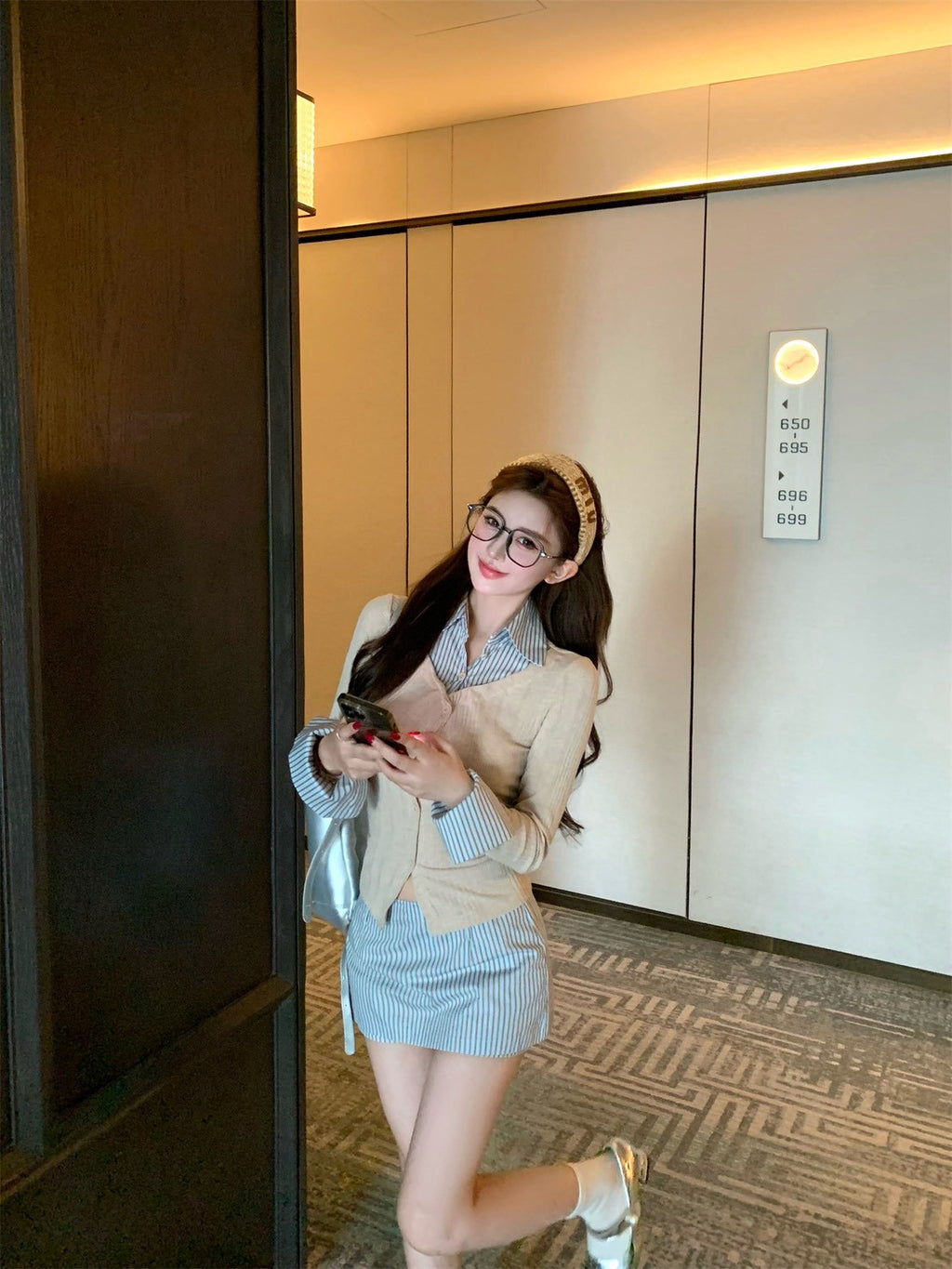 26Jun. 氣質學院假兩件式條紋針織襯衫 條紋半身褲裙