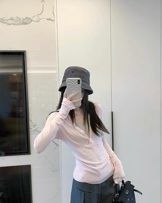 26Jun. 輕鬆滿格不費力假兩件撞色V領長袖上衣 粉/灰