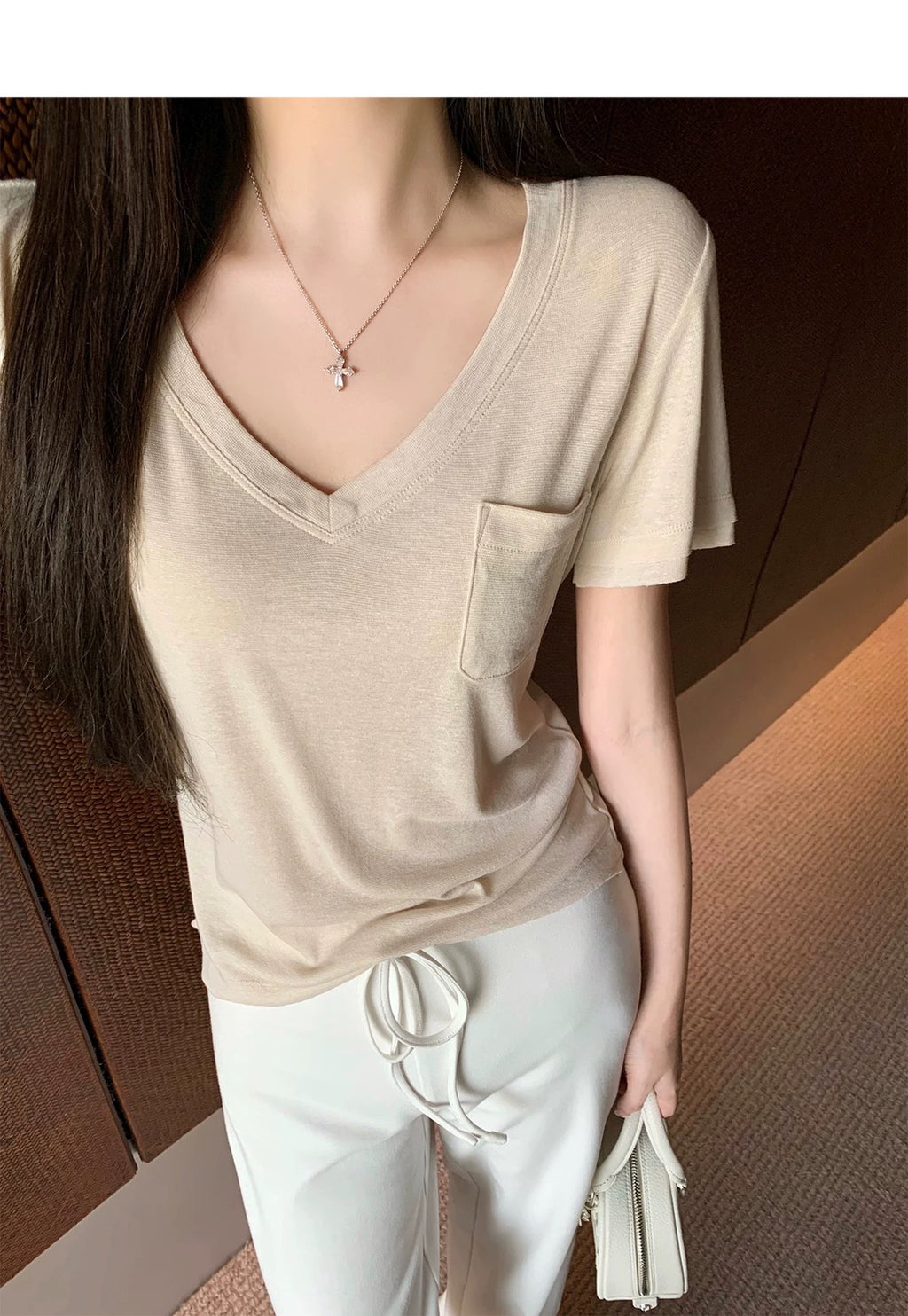 26Jun. 會呼吸的上衣 麻棉V領口袋寬鬆上衣 亞麻色
