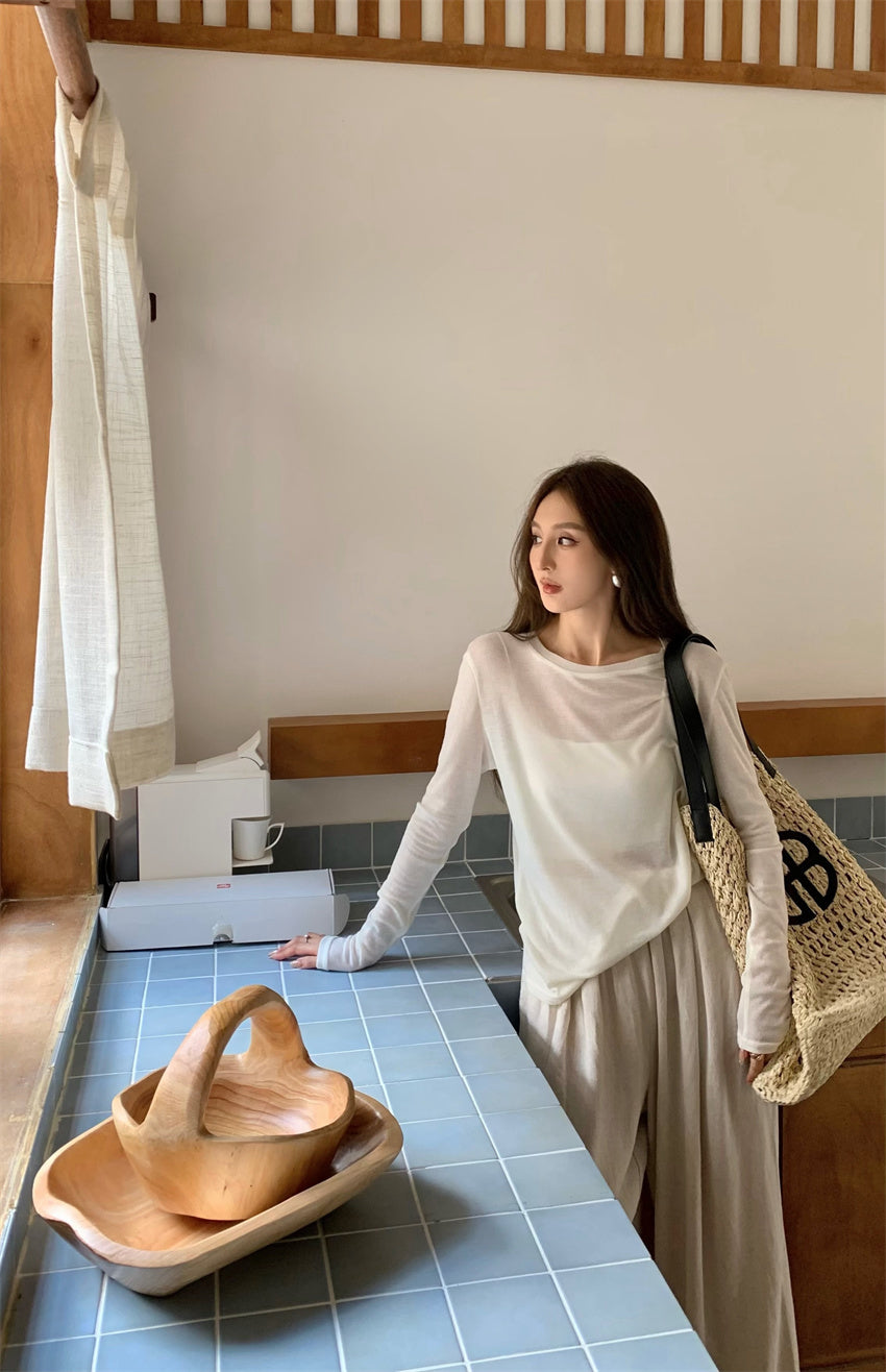 26Jun. 透視感上衣 & 落地休閒褲 奶白