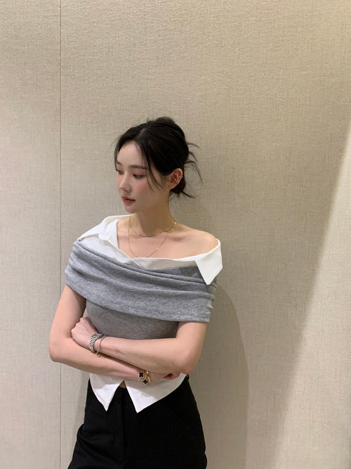 26Jun. Elle庫尼假兩件式襯衫上衣 灰