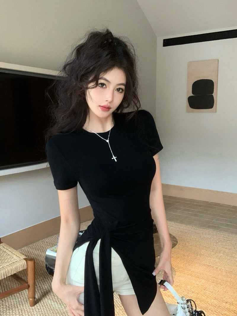 26Jun. 簡約圓領側腰開叉顯瘦上衣 灰/黑