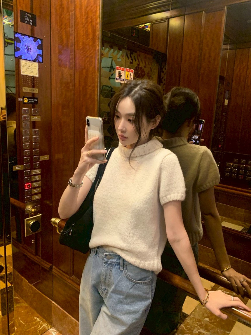 26Jun. 韓女鬆弛感高領泡泡針織上衣 杏/灰