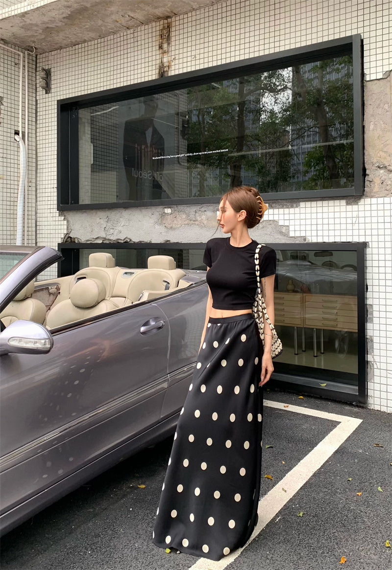 26Jun. 復古大波點傘狀半身裙 百搭修身後背設計上衣 黑