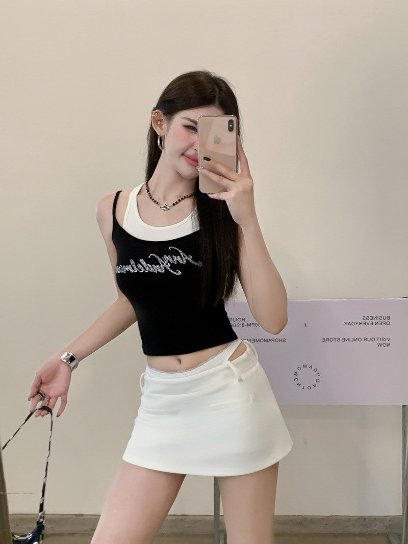 26Jun. 性感假兩件燙鑽中低腰半身裙 3色（加購價不單售）