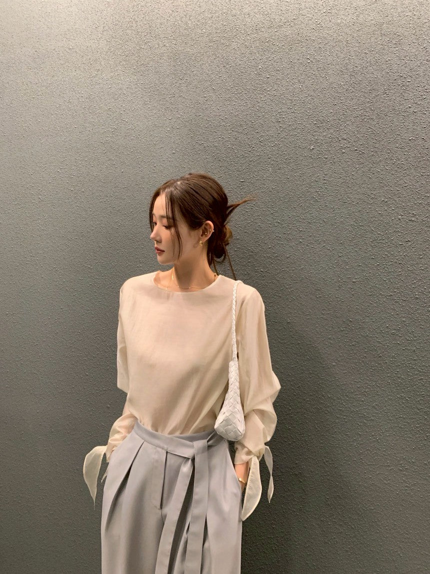 26Jun. 春夏chic韓系簡約蝴蝶結綁袖上衣 杏/卡其