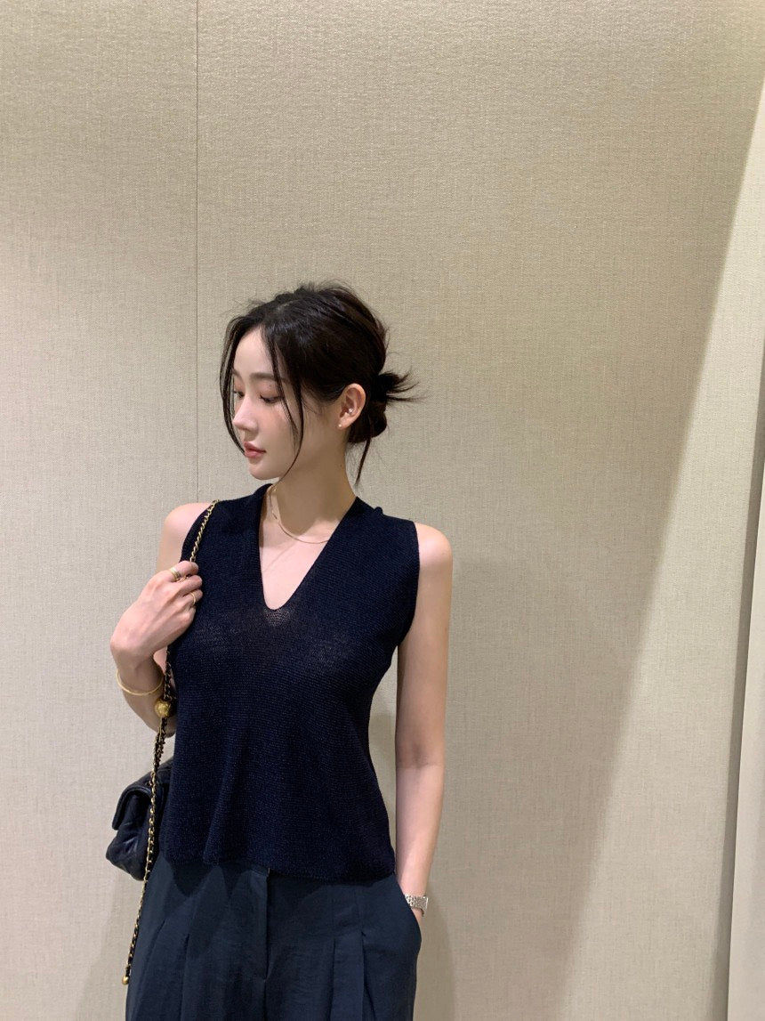 26Jun. 涼爽織紡V領後背交叉背心 白/藍