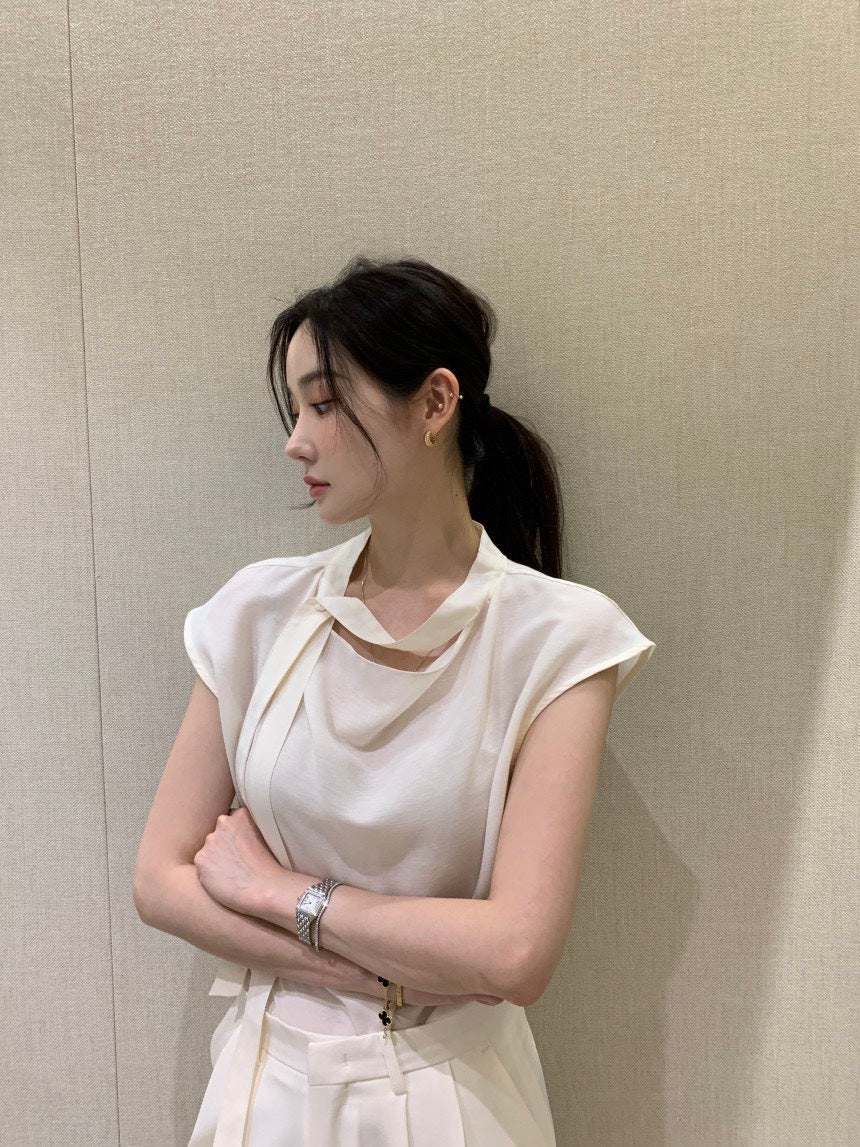 26Jun. 知性優雅飄帶小袖上衣 淺粉/米