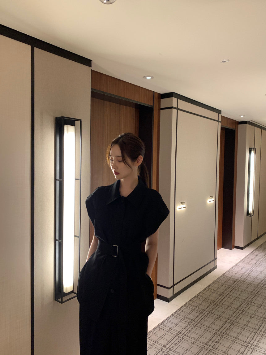 26Jun. 韓系女主氣質翻領長款襯衫闊腿褲套裝 黑/白