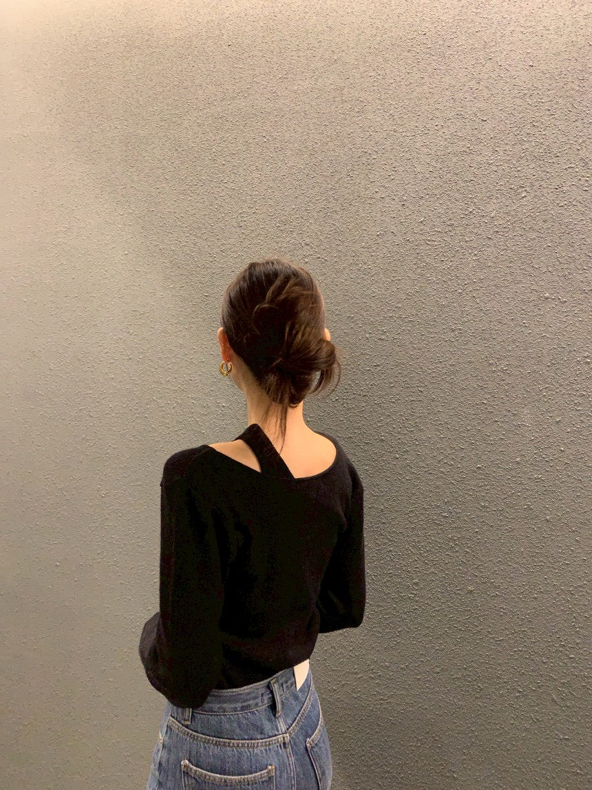 26Jun. 不規則設計針織拼接長袖上衣 杏/黑