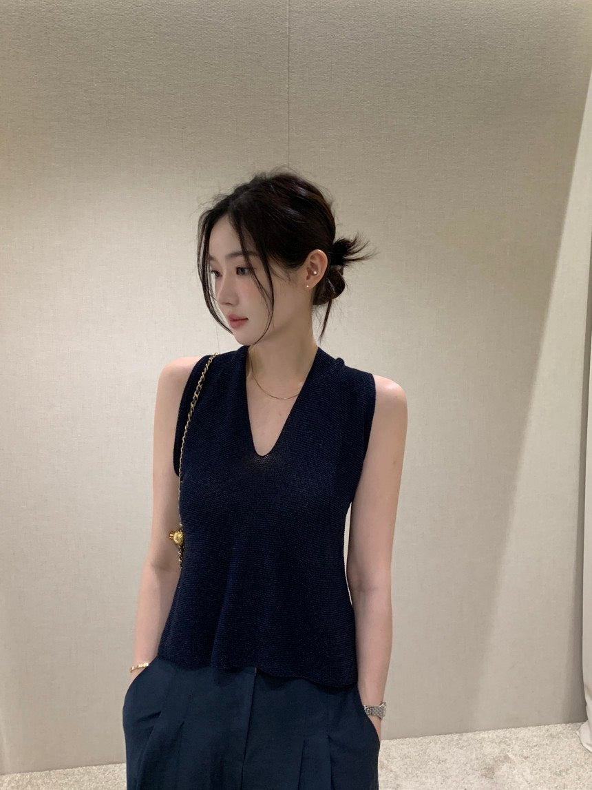 26Jun. 涼爽織紡V領後背交叉背心 白/藍