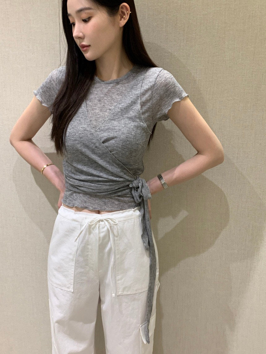 26Jun. 氣質捲邊透棉上衣綁帶背心2件組 灰