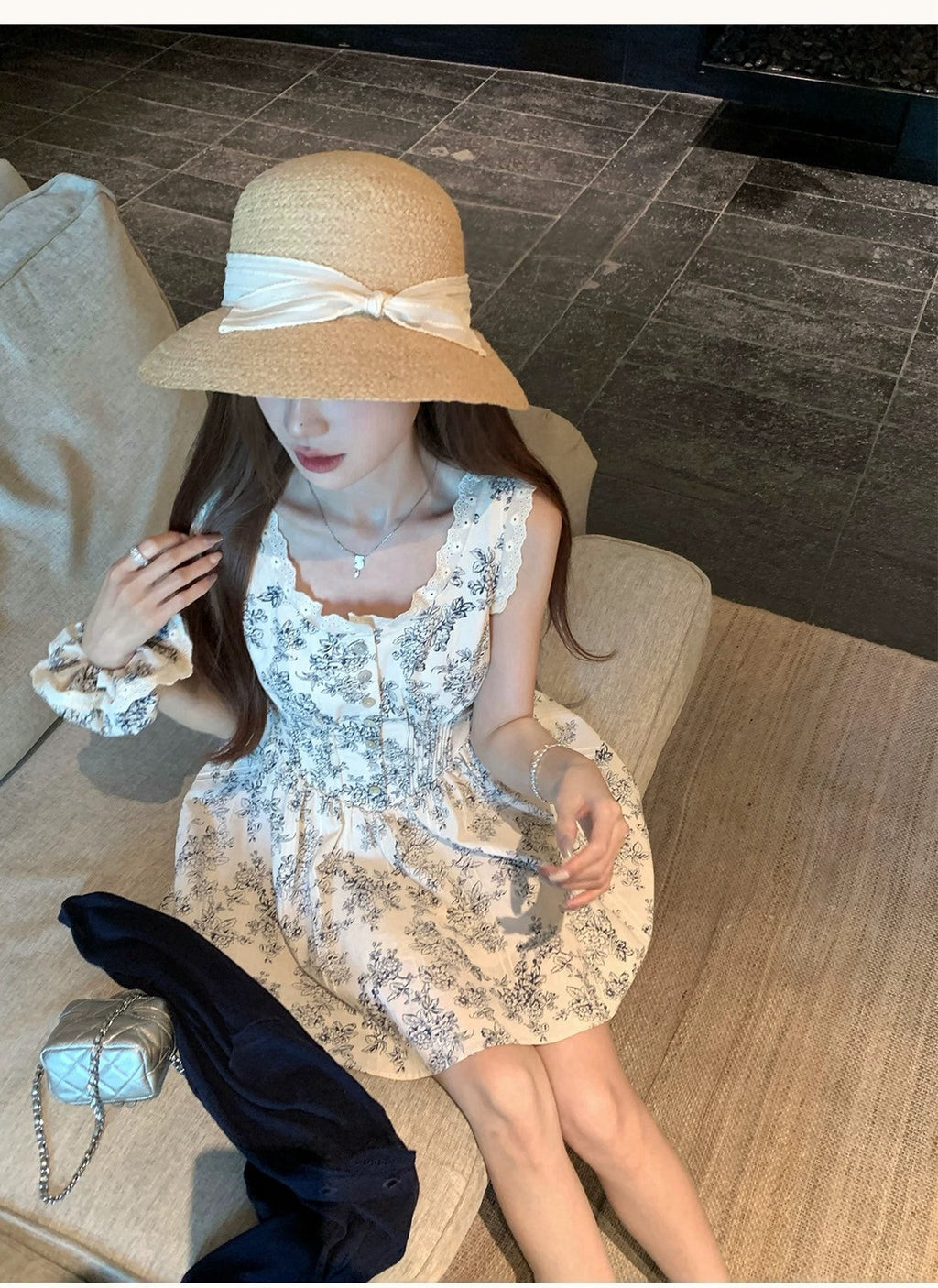 26Jun. 清冷夏夜印花收腰連身裙 勾花外套