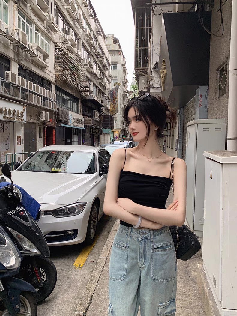 26Jun. 春夏薄款帶胸墊抓皺顯瘦背心 灰/黑