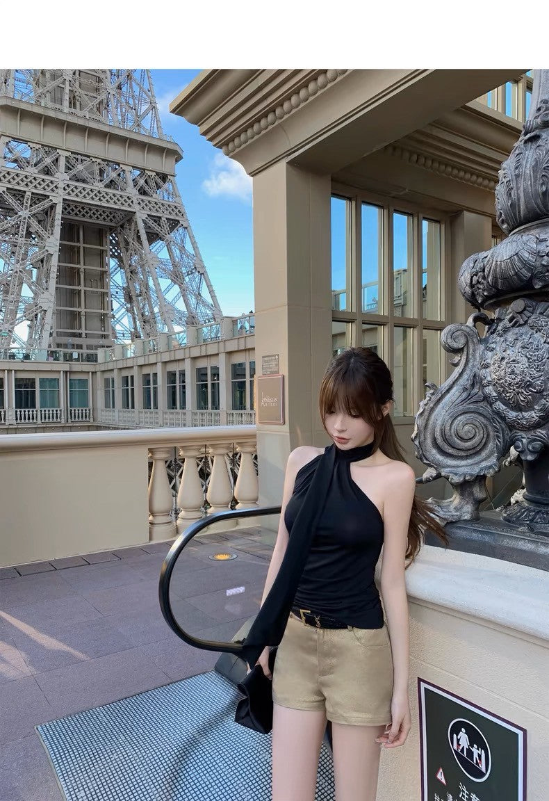 26Jun. 氣質韓女顯瘦一體飄帶背心 黑色