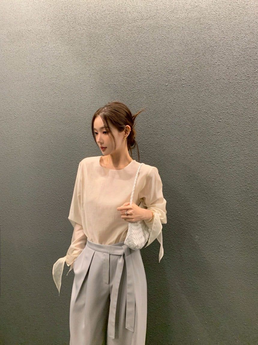 26Jun. 春夏chic韓系簡約蝴蝶結綁袖上衣 杏/卡其