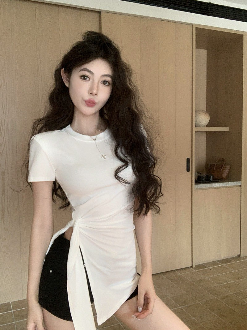 26Jun. 簡約圓領側腰開叉顯瘦上衣 白