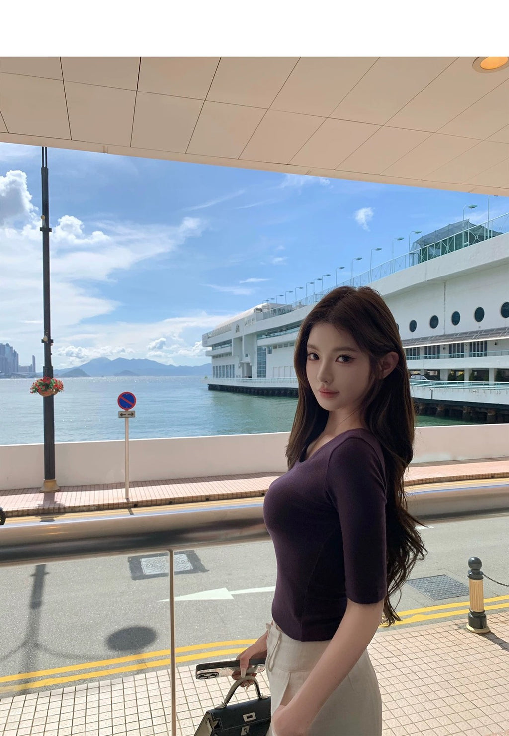 26Jun. 超好搭韓女氣質五分袖U領上衣 白/紫