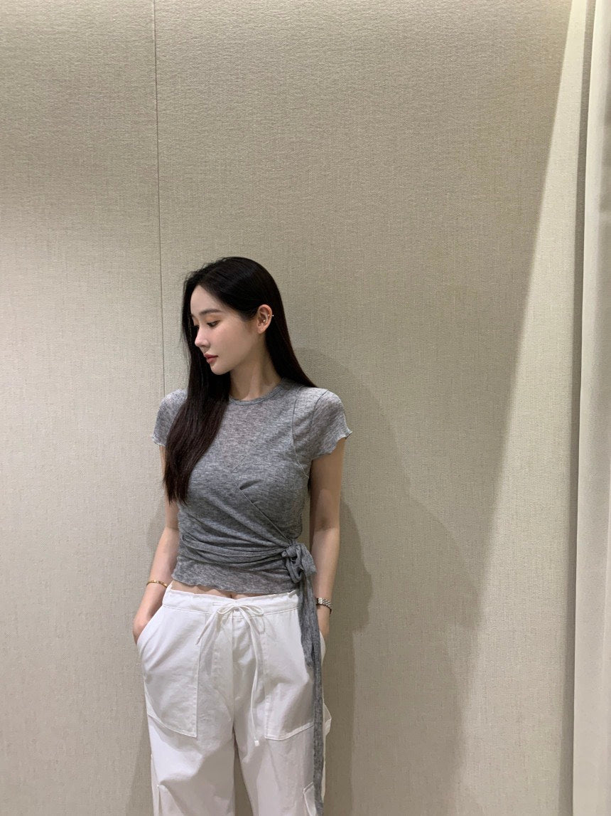 26Jun. 氣質捲邊透棉上衣綁帶背心2件組 灰