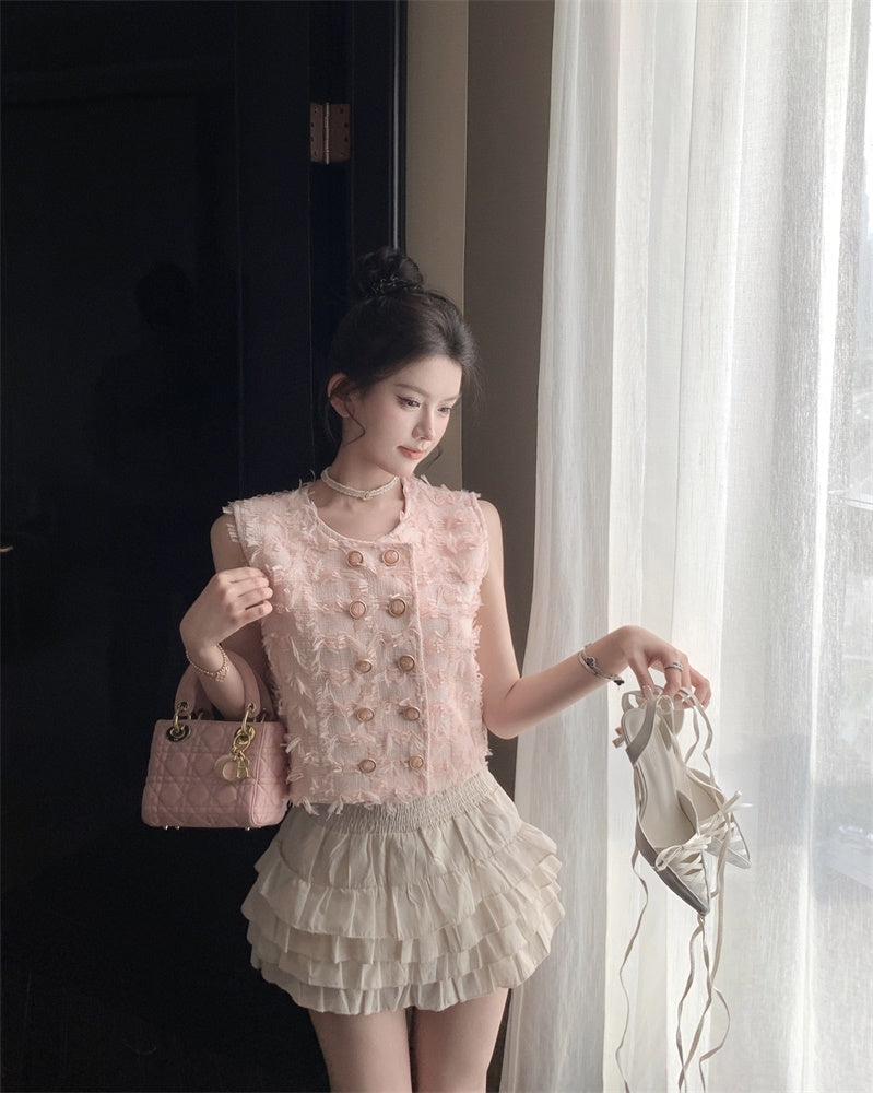 26Jun. 雙排扣流蘇小香馬甲背心 粉