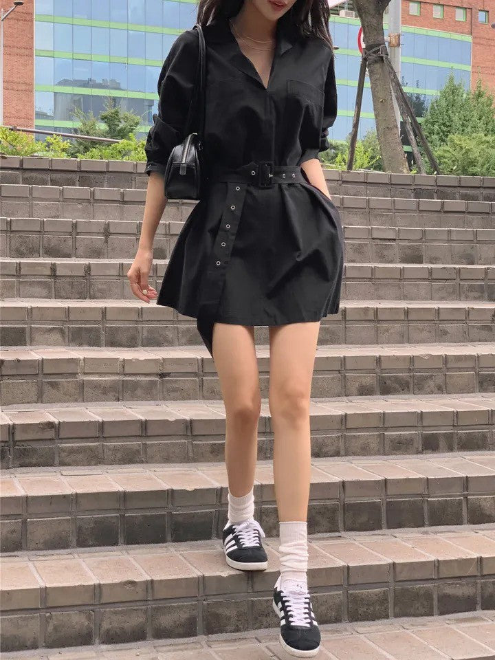 26Sep. 慵懶復古大口袋繫帶襯衫裙 白/黑
