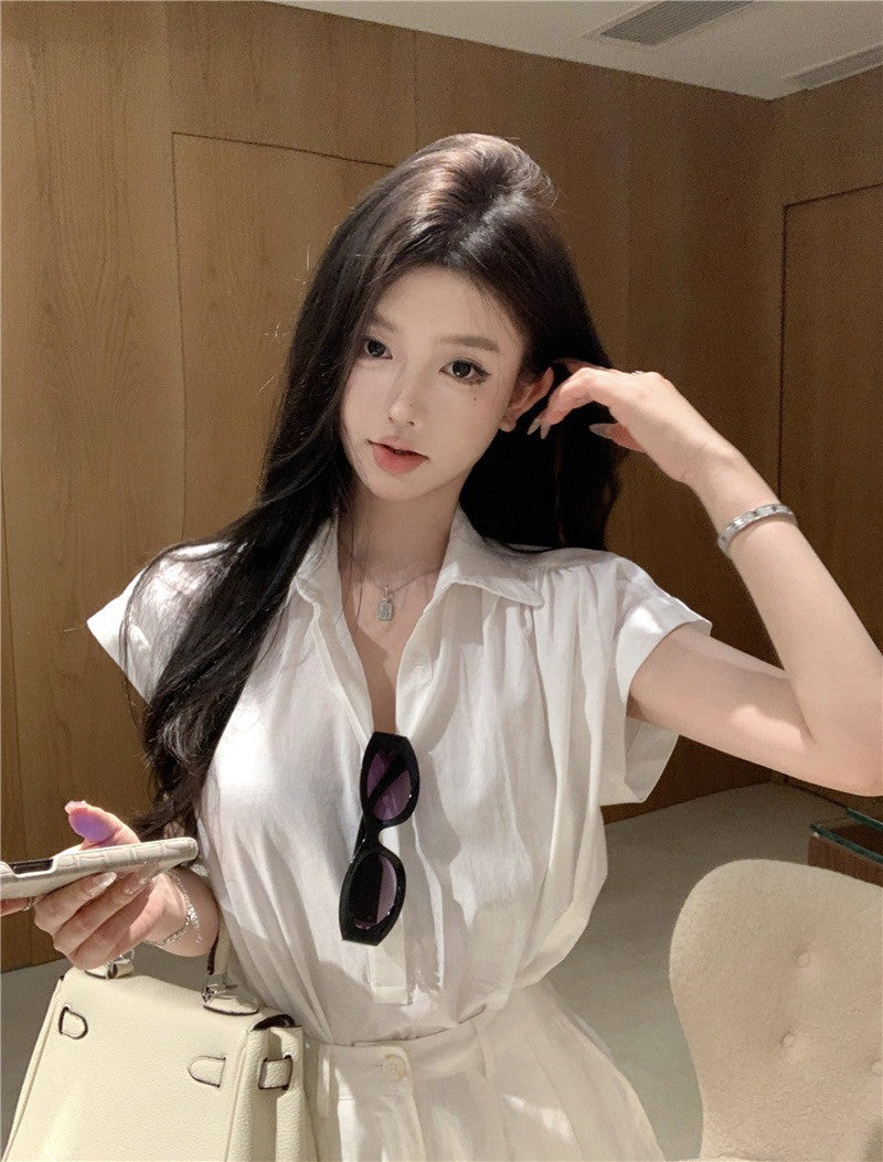 26Jun. 簡約鬆弛感小飛袖襯衫 白 高腰反折白短褲