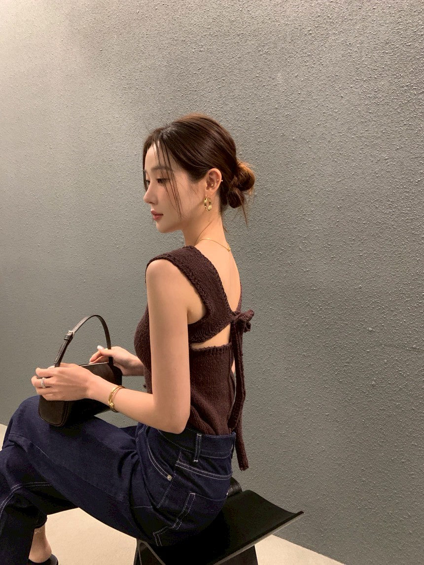 26Jun. 氣質小心機 蝴蝶結後綁帶圓領針織背心 卡其/咖色
