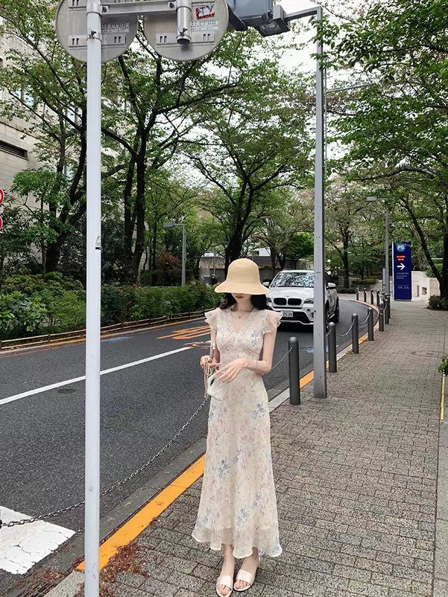 26Jul. 溫柔法式蕾絲V領碎花連身裙 短款/長款