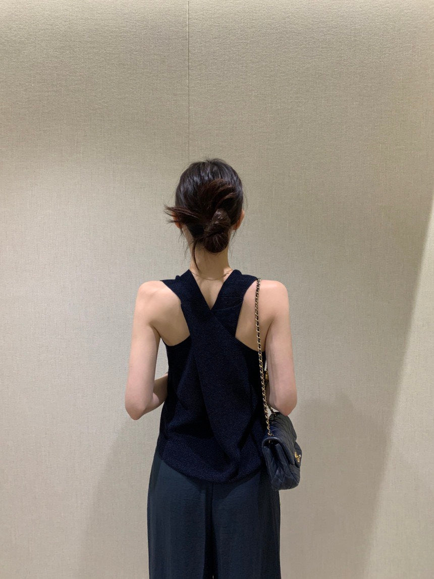 26Jun. 涼爽織紡V領後背交叉背心 白/藍