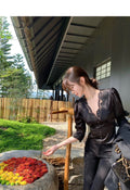 26Jun. 韓女氛圍 高奢醋酸蕾絲泡泡袖上衣 黑
