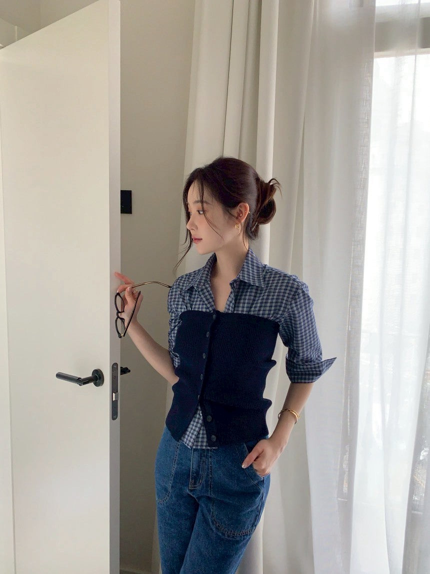 26Jun. 時髦韓女vide修身針織藏藍抹胸/格紋襯衫