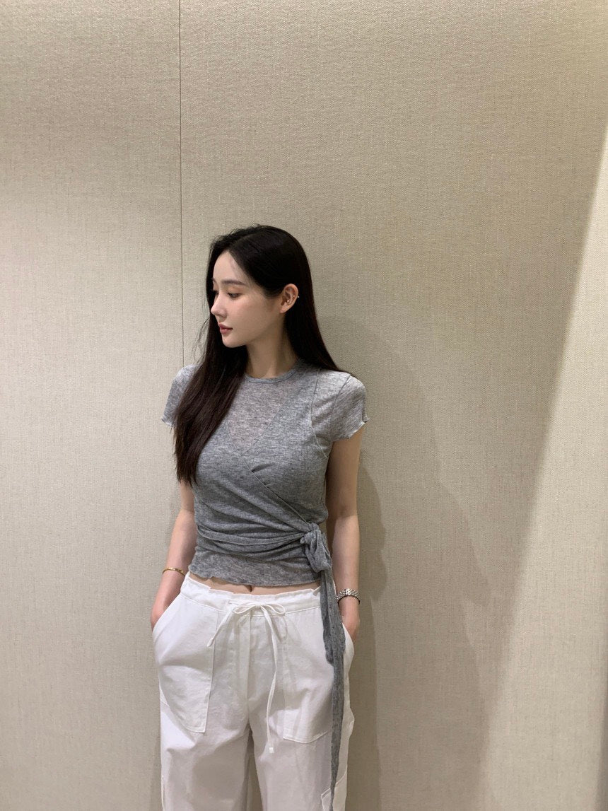 26Jun. 氣質捲邊透棉上衣綁帶背心2件組 灰