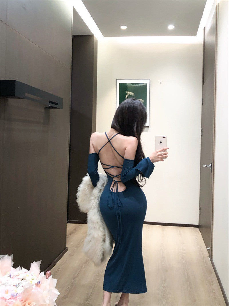 26Jun. 極致美腰性感掛脖交叉綁腰彈力連身裙 黑/藍