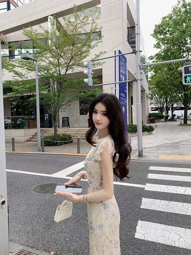 26Jul. 溫柔法式蕾絲V領碎花連身裙 短款/長款