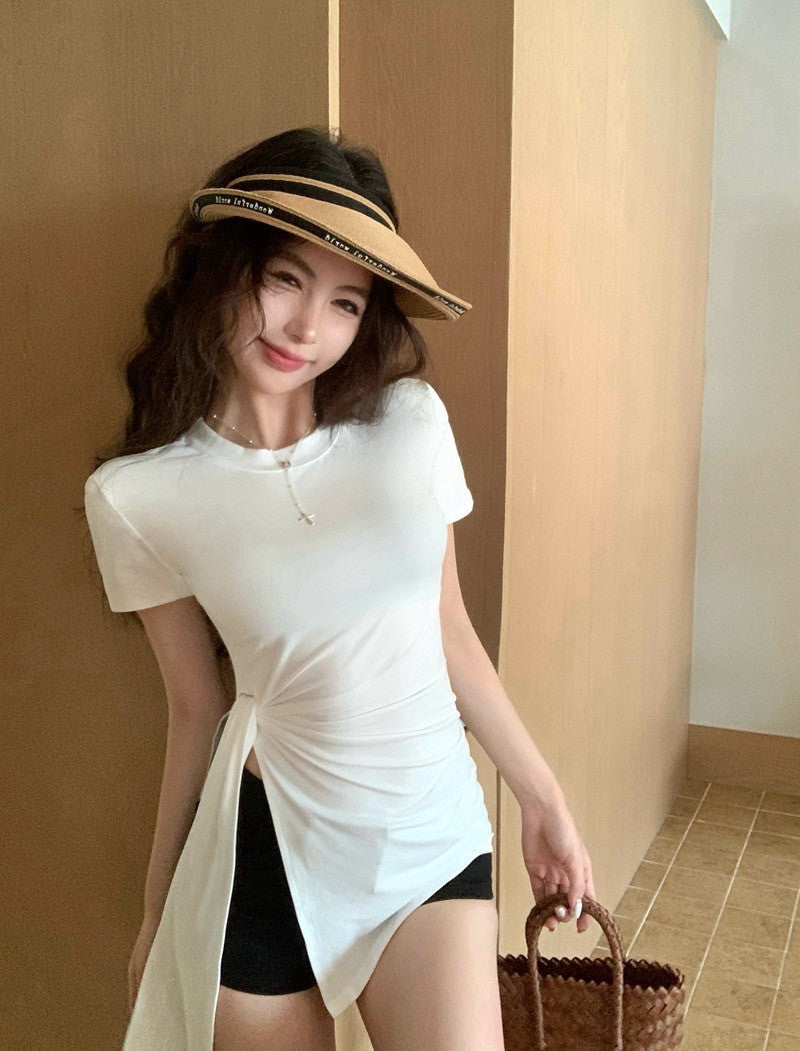 26Jun. 簡約圓領側腰開叉顯瘦上衣 白