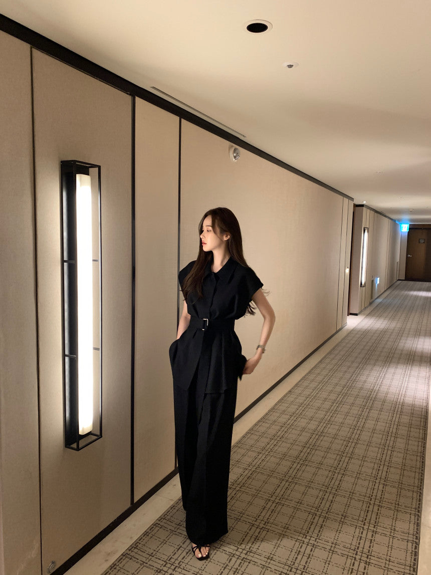 26Jun. 韓系女主氣質翻領長款襯衫闊腿褲套裝 黑/白