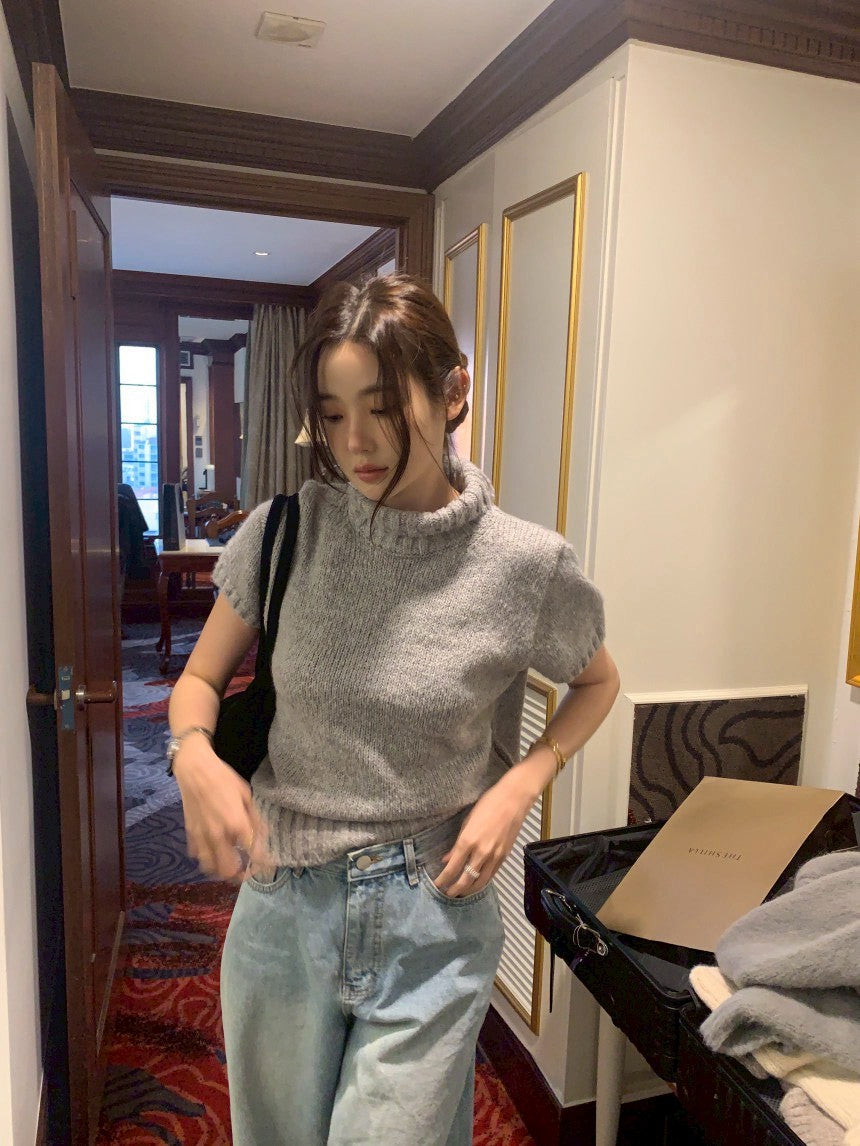 26Jun. 韓女鬆弛感高領泡泡針織上衣 杏/灰