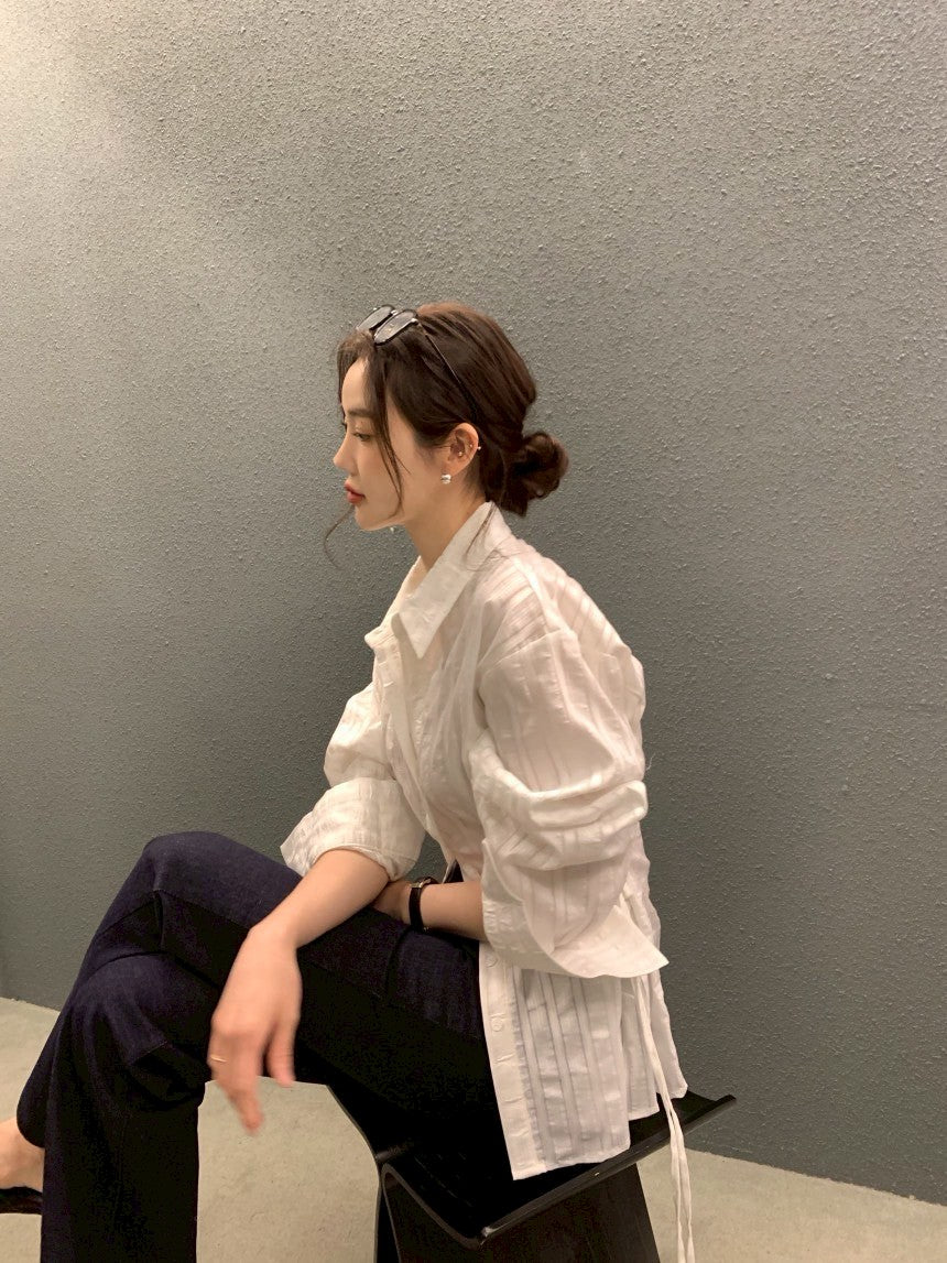 26Jun. 立體輪廓條紋設計抽繩收腰襯衫 白