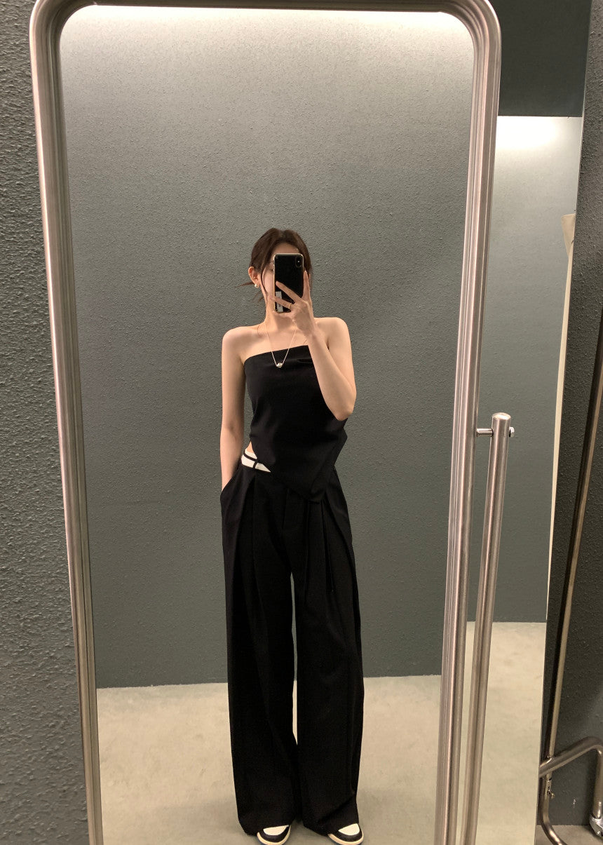 26Jun. 氣質修身抹胸 高腰褶皺修身闊腿褲 黑/卡其