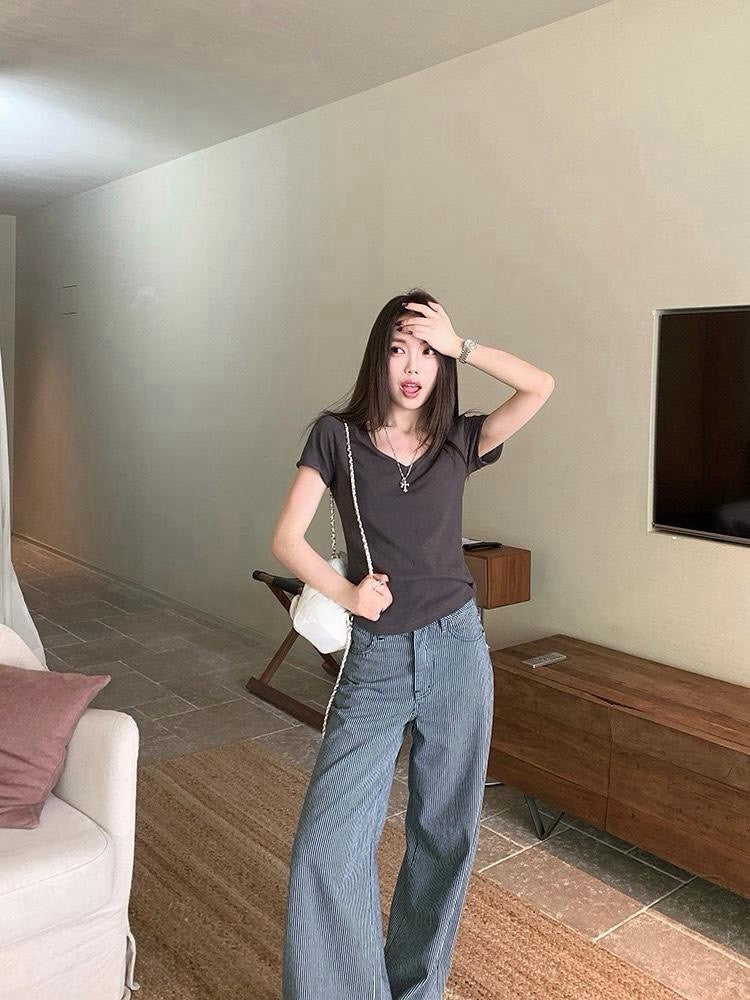 26Sep. 美式街區 慵懶藍色條紋闊腿褲