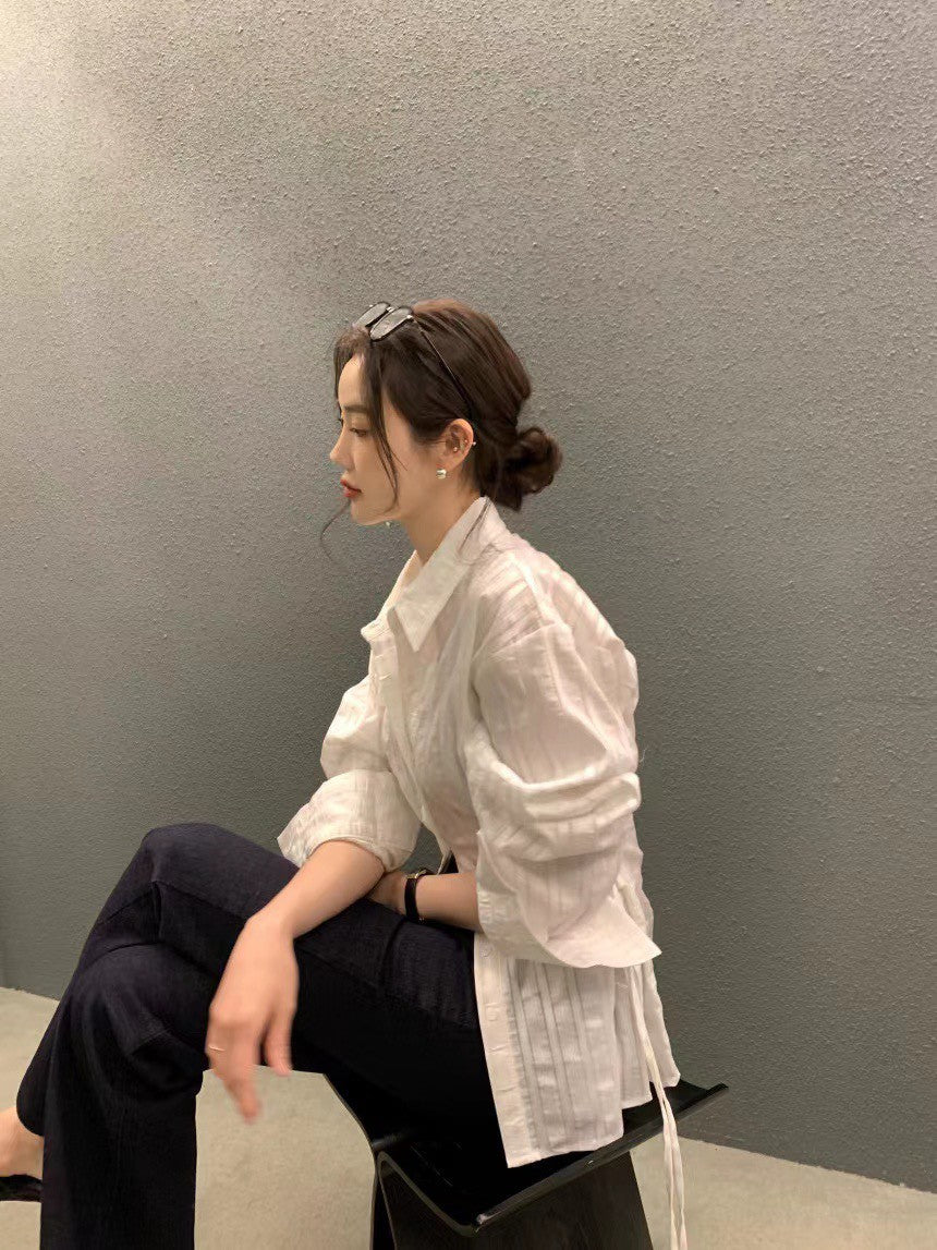 26Jun. 個性翻領收腰抽繩可調襯衫 粉/白