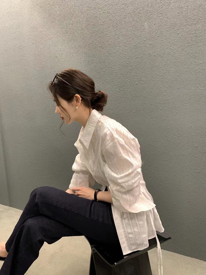 26Jun. 立體輪廓條紋設計抽繩收腰襯衫 白