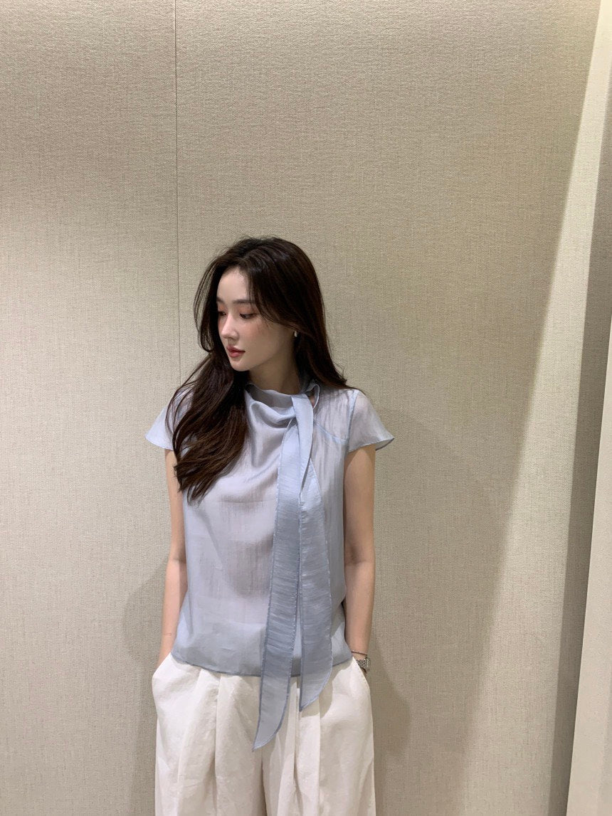 26Jun. 慵懶甜美繫帶領微透視上衣 粉/藍