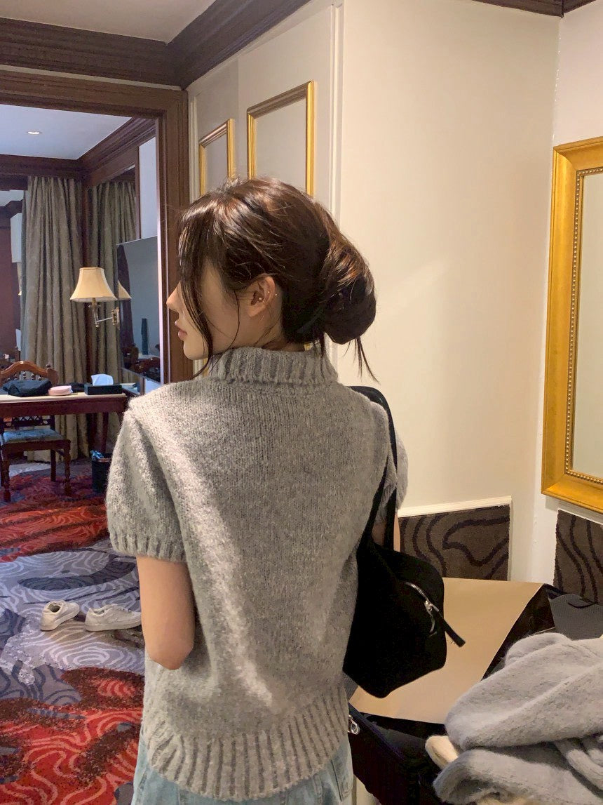 26Jun. 韓女鬆弛感高領泡泡針織上衣 杏/灰