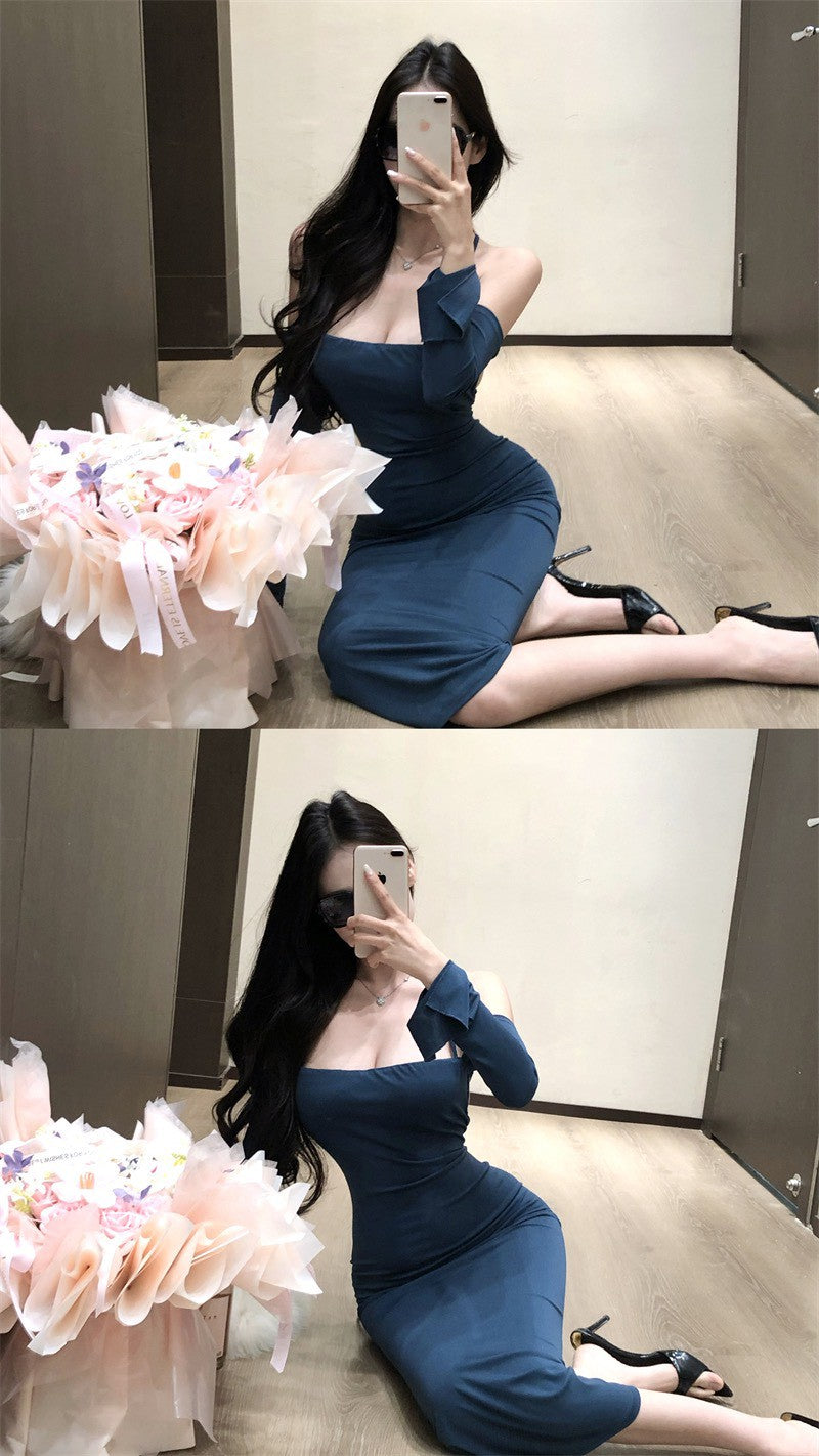 26Jun. 極致美腰性感掛脖交叉綁腰彈力連身裙 黑/藍