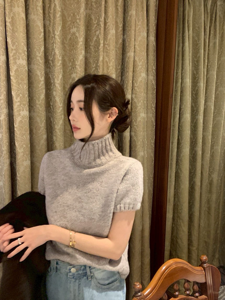 26Jun. 韓女鬆弛感高領泡泡針織上衣 杏/灰