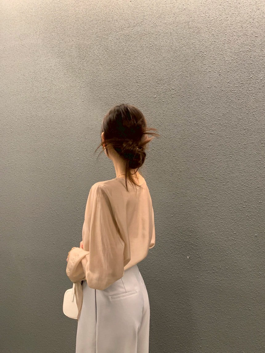 26Jun. 春夏chic韓系簡約蝴蝶結綁袖上衣 杏/卡其