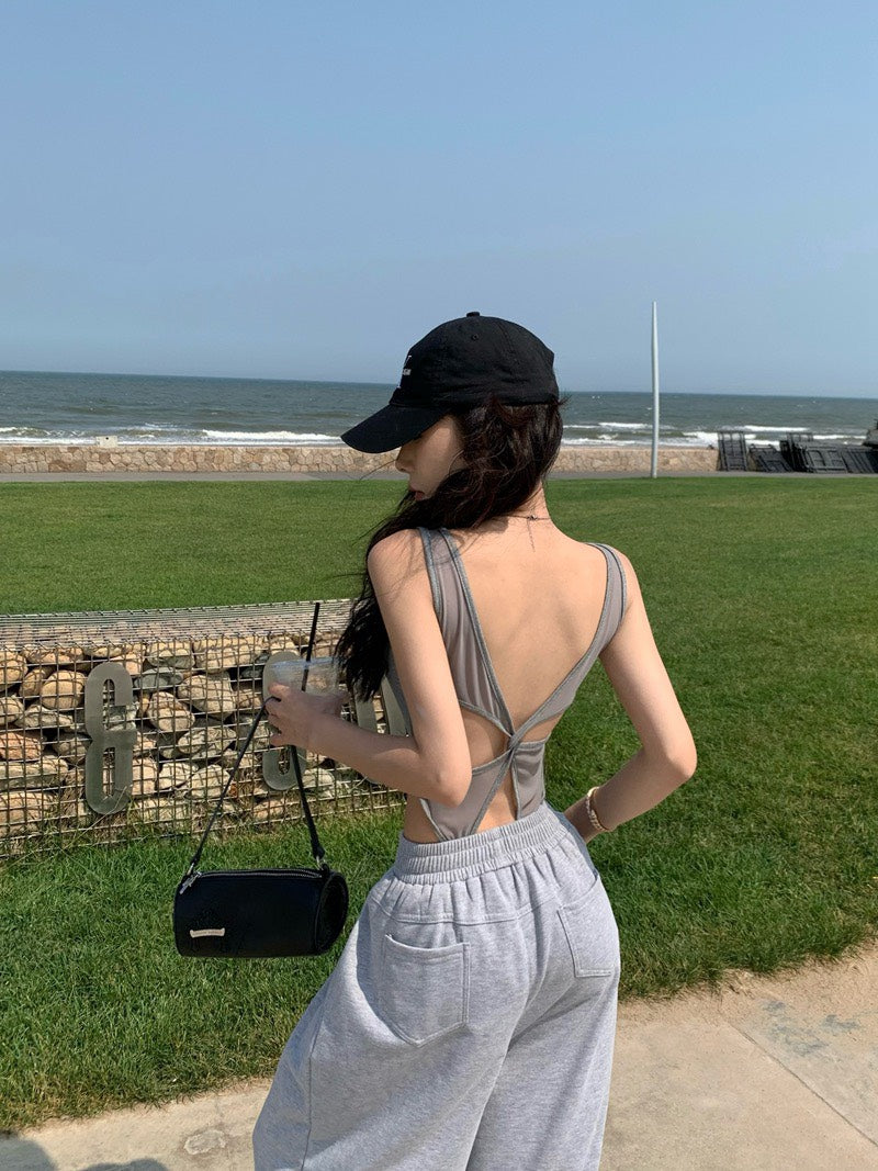 26Jun. 歐美控的愛 設計款帶胸墊U領連體衣 白/灰